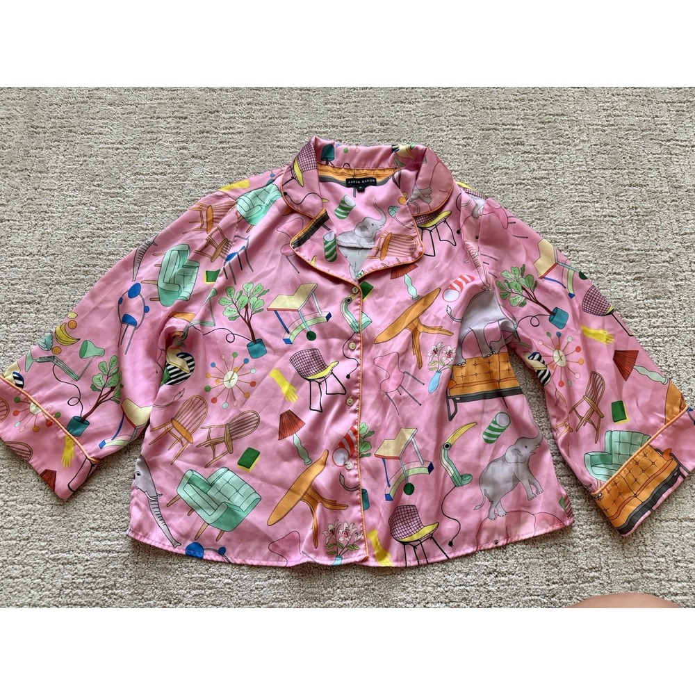 KAREN MABON size M Pajama Top Short Satin Elephant In The Room Pink Graphic